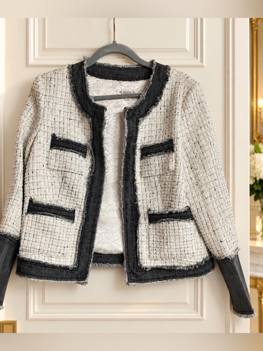 Nanette Lepore Denim Trim Bouclé Tweed Jacket.